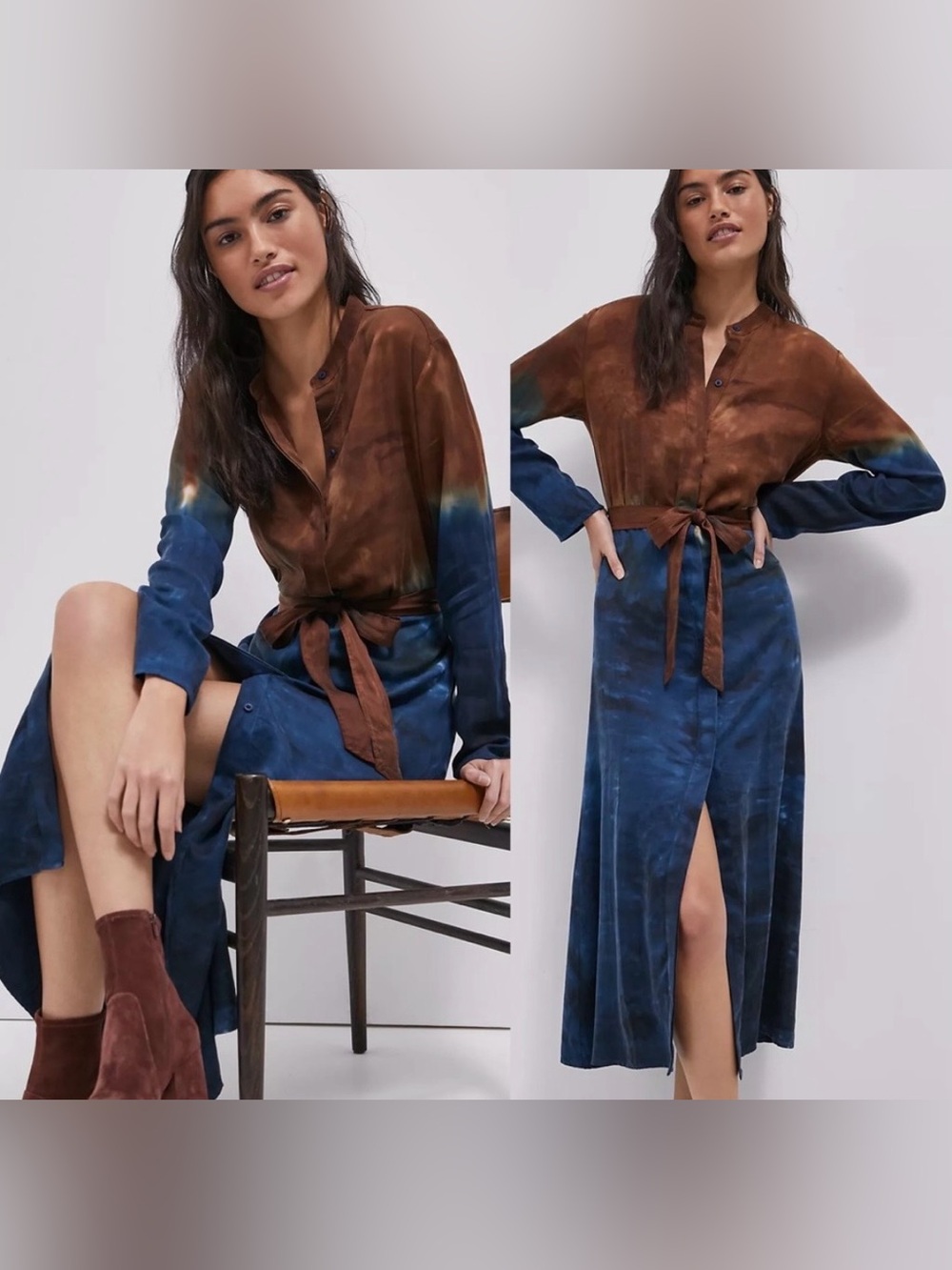 Anthropologie Brown and Navy Tie-Dye Long Sleeve Midi Dress